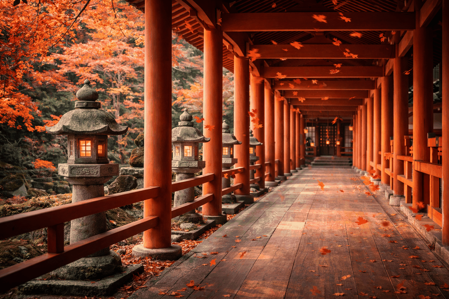Wooden temple hallway in Asia
