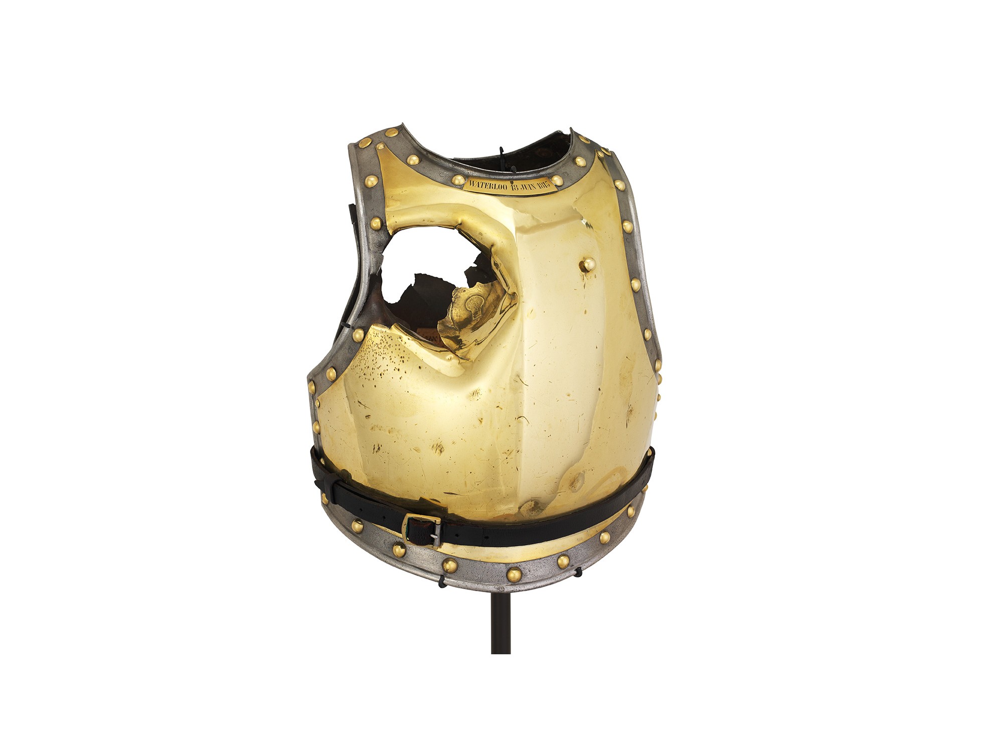 Brass breastplate with 10-cm-hole due to a 120-inch Slingshot