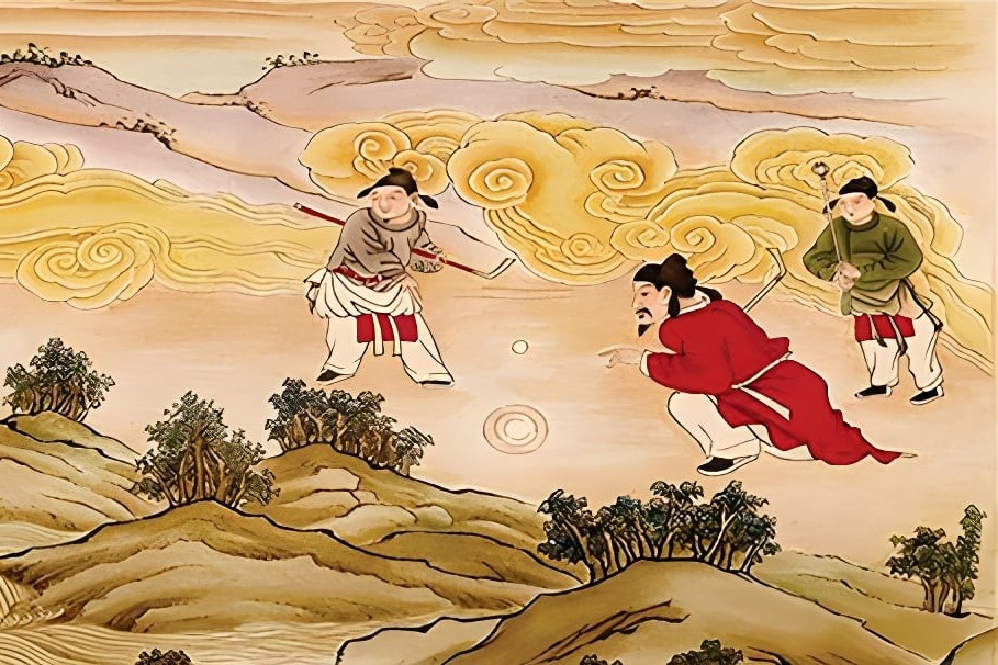 Historic drawing of three Chinese people playing Crolf