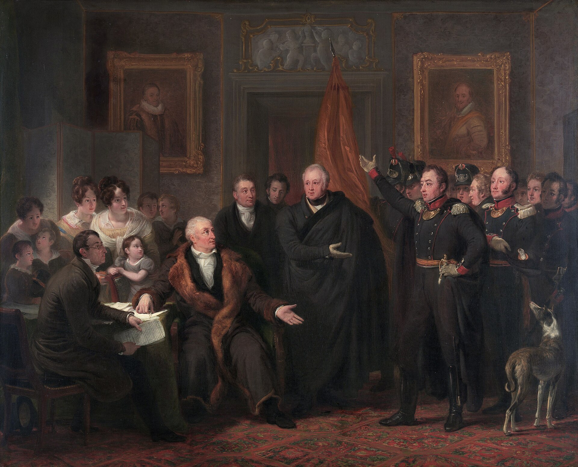 Painting of English aristocrats meeting in a manor for a game of Crolf