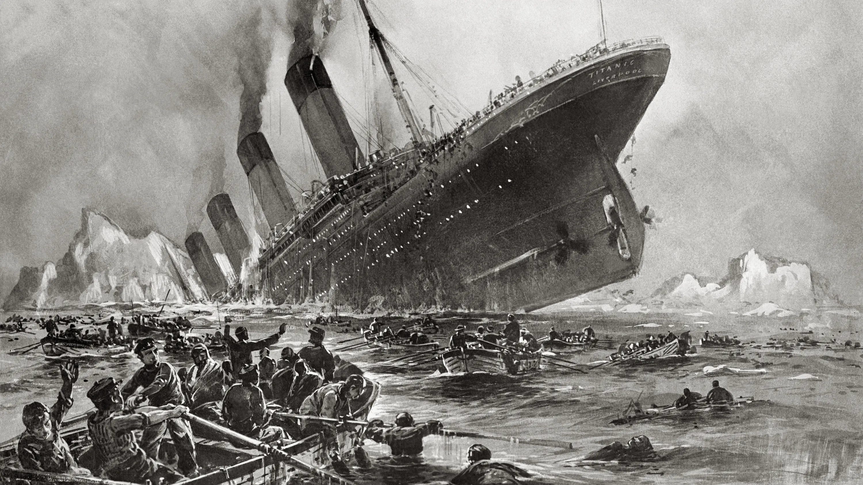 Black-and-white painting of the Titanic sinking while people are being rescued in boats